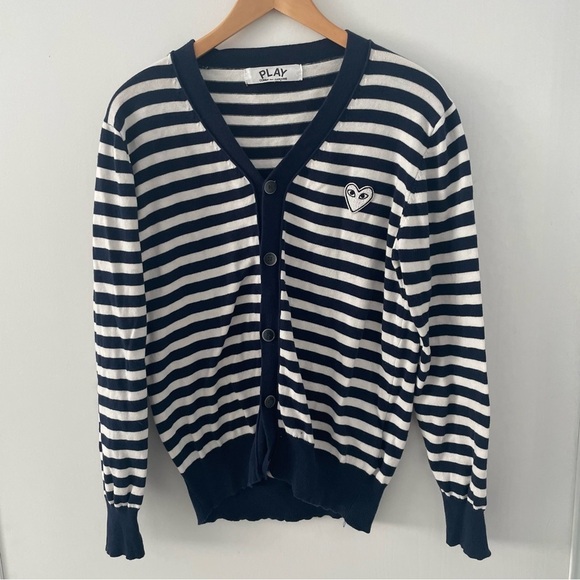 Comme des Garcons PLAY Sweaters - Comme Des Garcons Play Red Heart Stripped Knit Sweater Blue